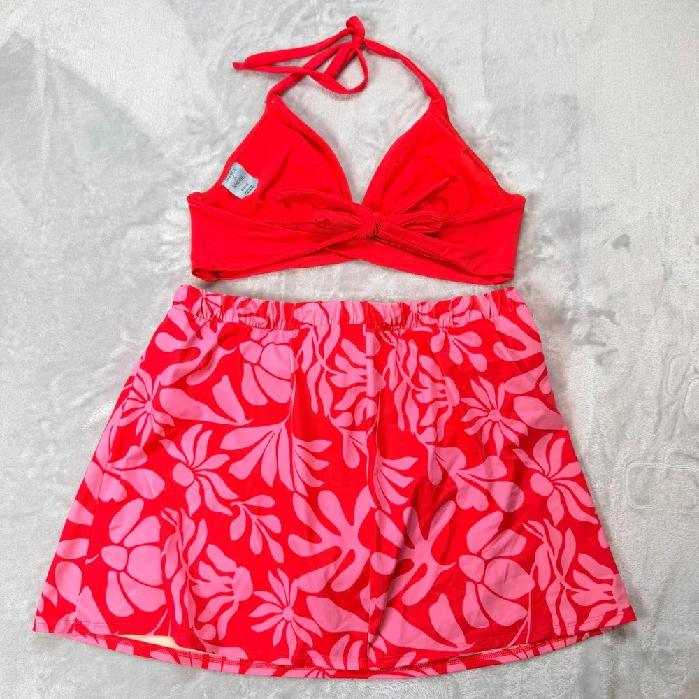 Shade & Shore Red Floral Swim Skirt and Halter Bikini Top Set Size Medium